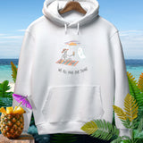 White hoodie with skeleton and ghost graphic on beach, 