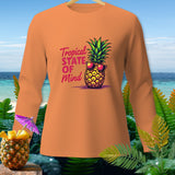 Orange long-sleeve shirt with a pineapple wearing sunglasses and text 