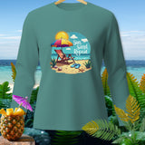 Teal long-sleeve shirt with beach scene graphic and text 