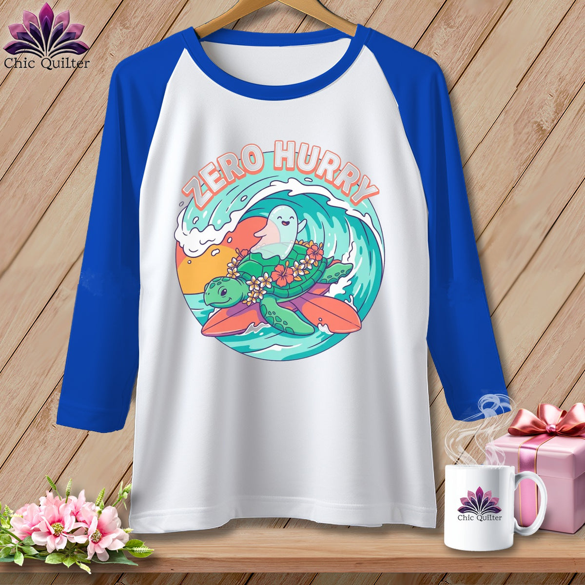 Raglan sleeve shirt with a turtle, ghost, and "Zero Hurry" text on a surfboard.