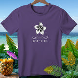 Purple t-shirt with a white flower graphic and 