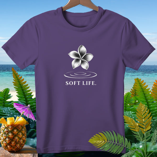 Purple t-shirt with a white flower graphic and "SOFT LIFE." text.