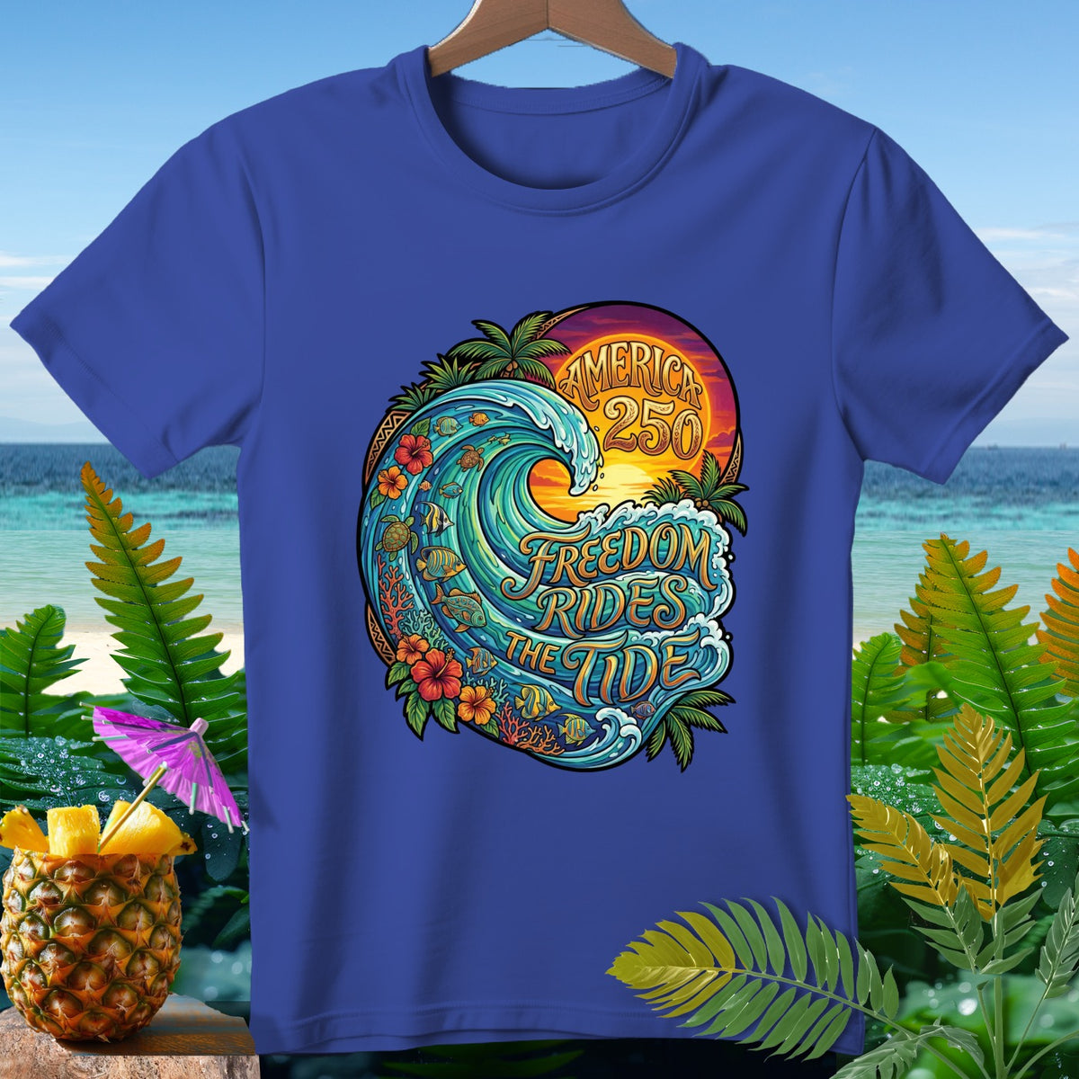 Blue t-shirt with "America 250 Freedom Rides the Tide" wave graphic.