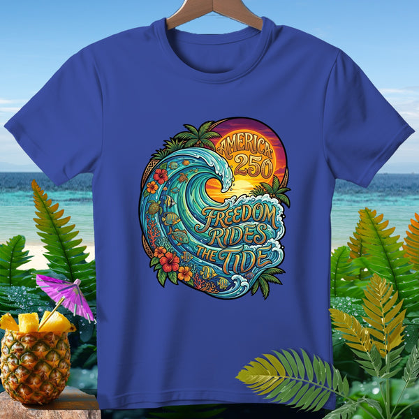 Blue t-shirt with "America 250 Freedom Rides the Tide" wave graphic.