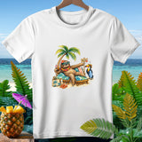 Sloth relaxing on beach chair with drink, toucan nearby, 