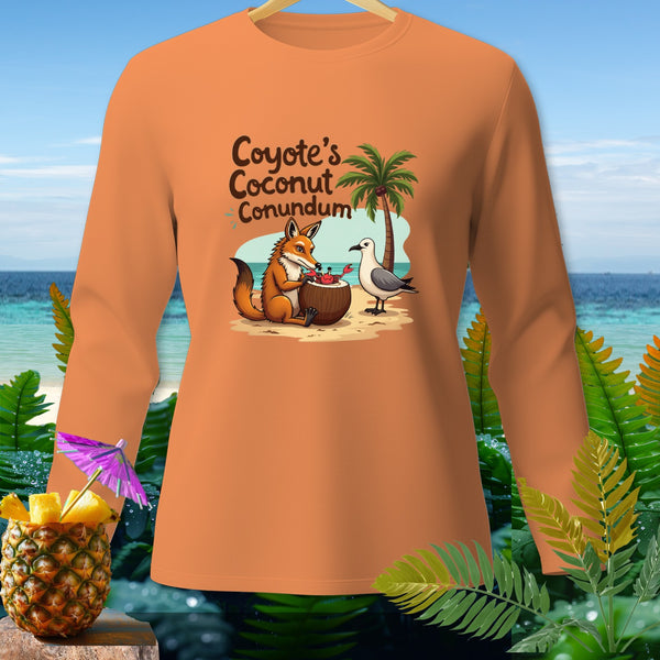 Orange shirt with "Coyote's Coconut Conundrum" text and cartoon fox and seagull.