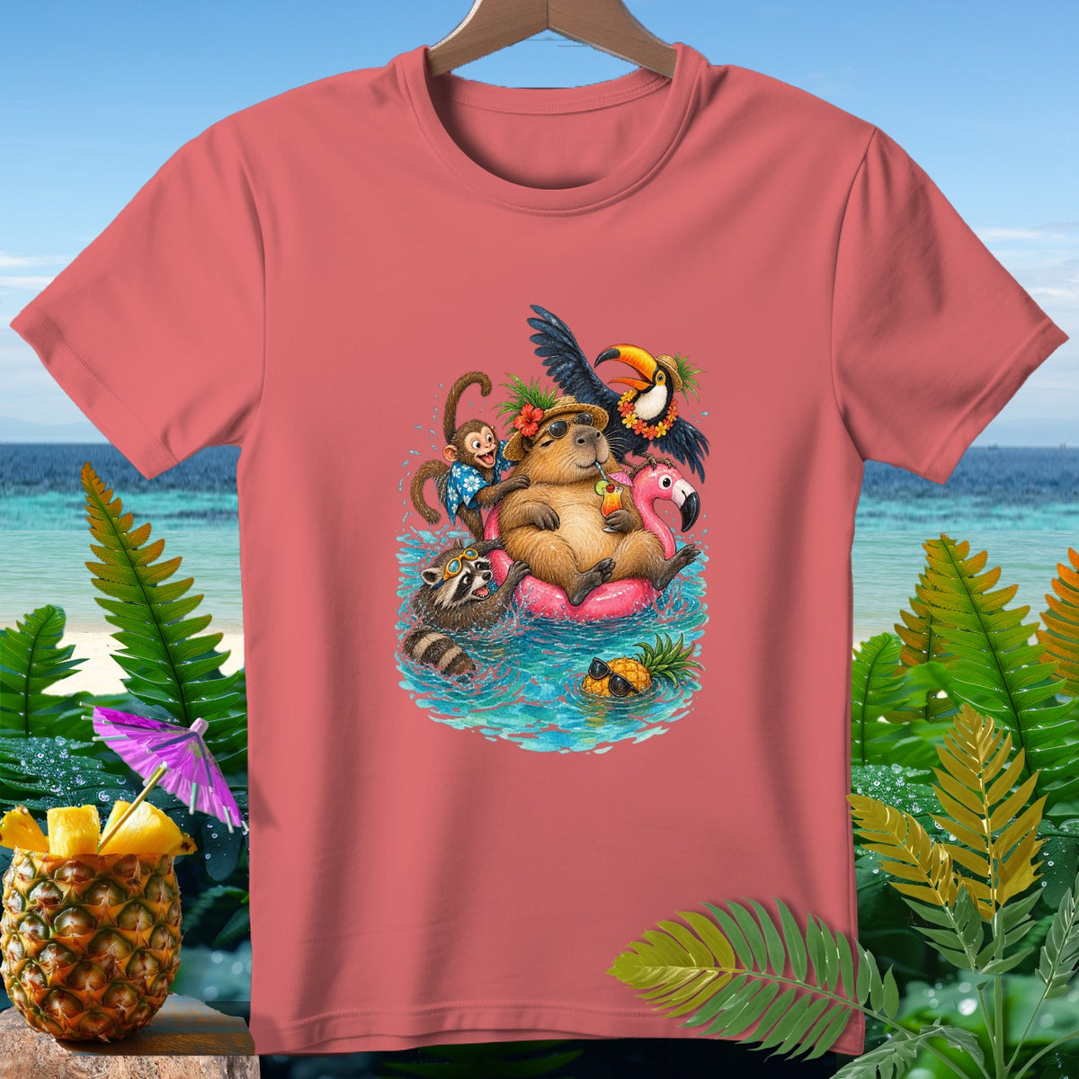 Capybara, raccoon, monkey, and toucan relax on a flamingo float in the water.