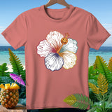 Coral t-shirt with hibiscus graphic featuring ghosts and a jack-o'-lantern.