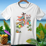 Witch flying on broom with bags, text 