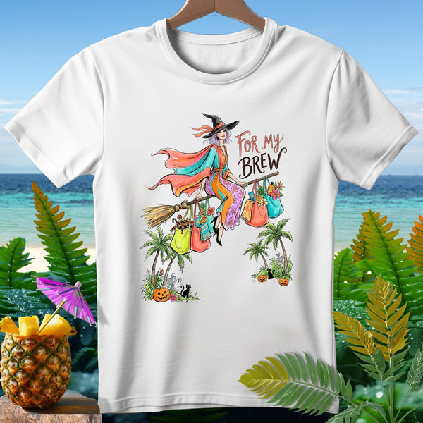 Witch flying on broom with bags, text "FOR MY BREW", Halloween and tropical elements.