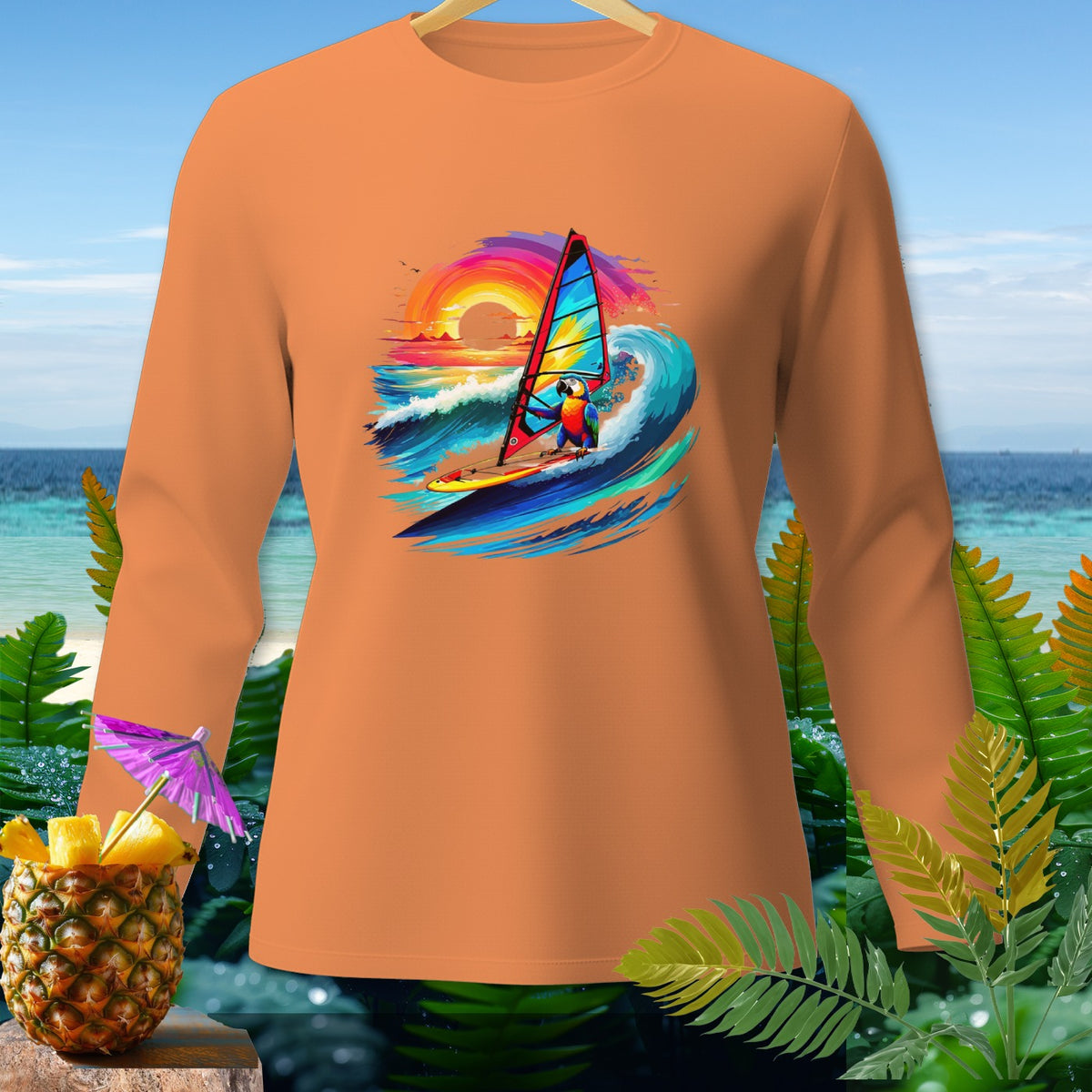 Orange long-sleeve shirt with a parrot windsurfing on a colorful wave at sunset.