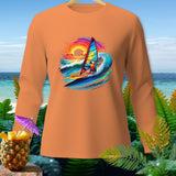 Orange long-sleeve shirt with a parrot windsurfing on a colorful wave at sunset.