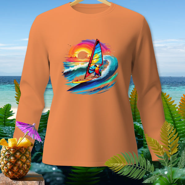Orange long-sleeve shirt with a parrot windsurfing on a colorful wave at sunset.