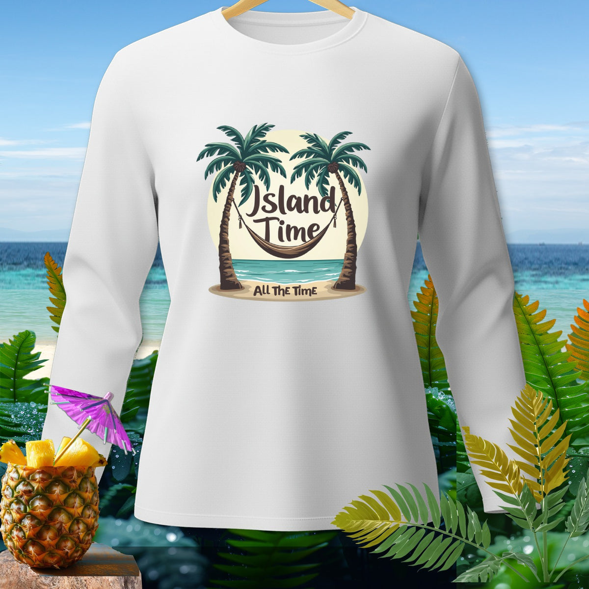 White long-sleeved shirt with "Island Time All The Time" graphic.