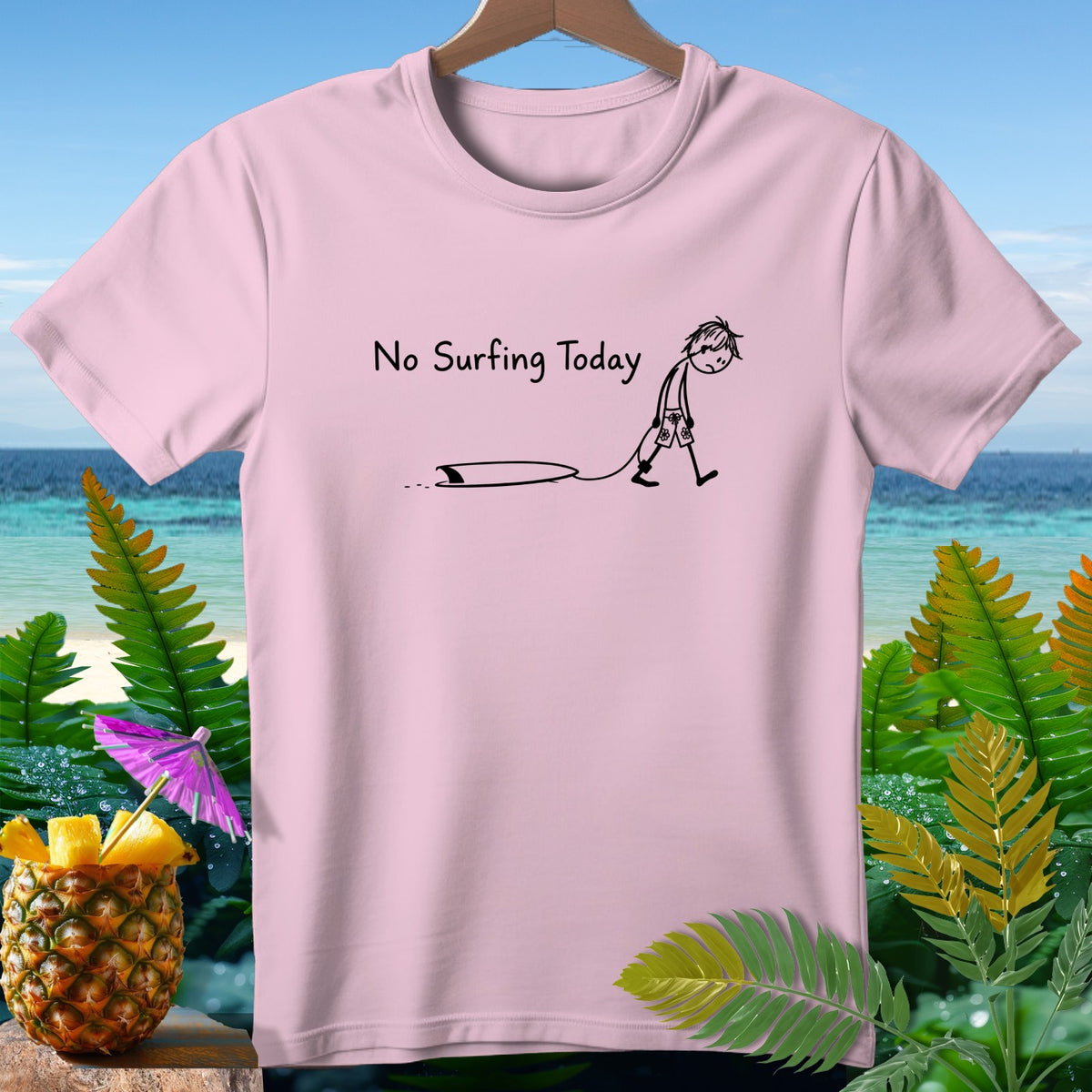 Pink t-shirt with "No Surfing Today" and a sad stick figure.
