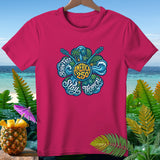 Pink t-shirt with floral graphic featuring 