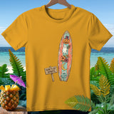 Yellow t-shirt with surfboard graphic featuring a pumpkin, ghost, and tropical flowers.