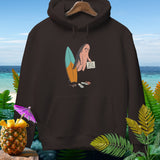 Brown hoodie with ghost and surfboard graphic that reads 
