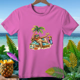 Sloth on a beach chair with a toucan, holding a drink.