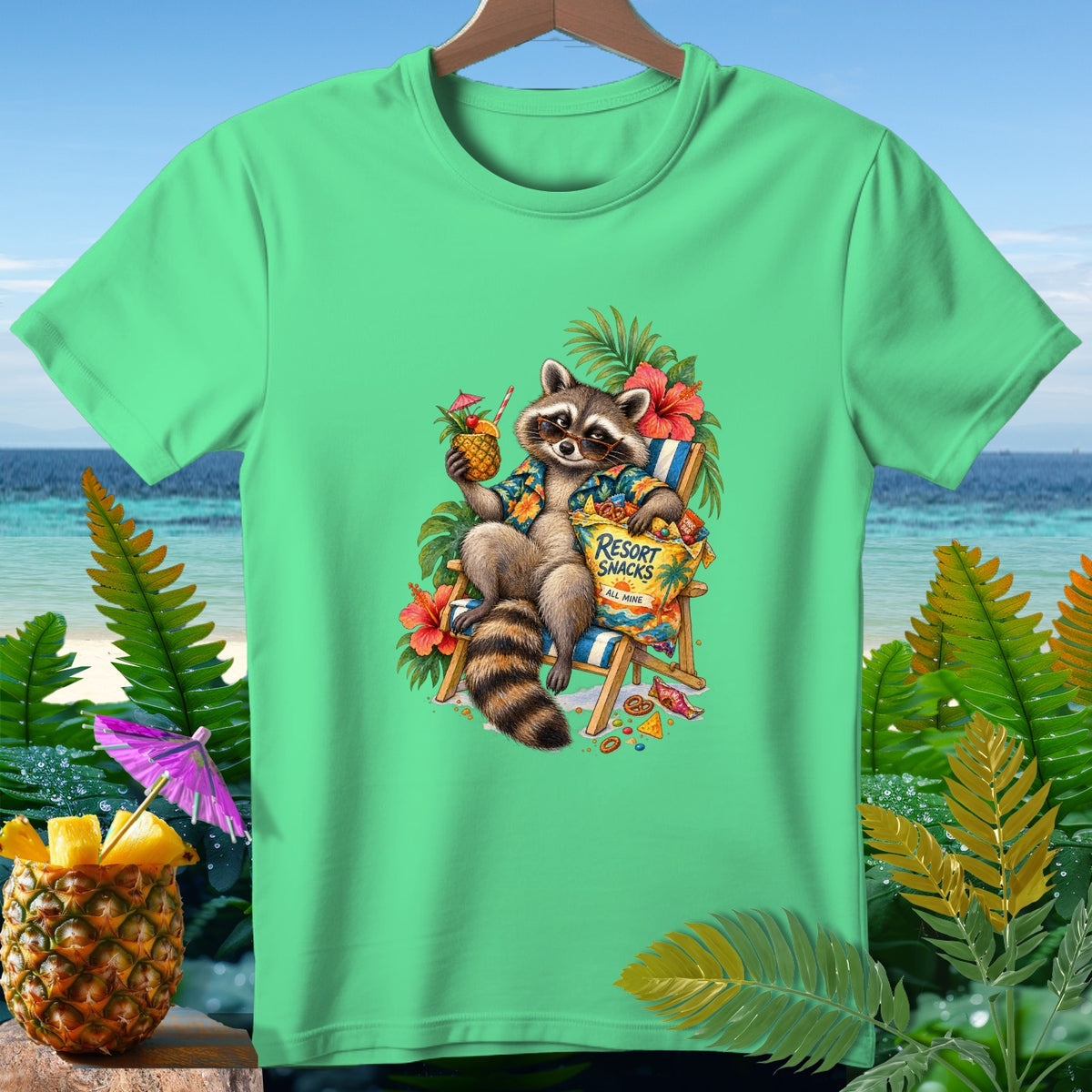 Raccoon in sunglasses drinking a pineapple cocktail, with "Resort Snacks" bag and beach background.
