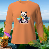 Orange long-sleeve shirt with a cartoon panda drinking a colorful cocktail on the beach.