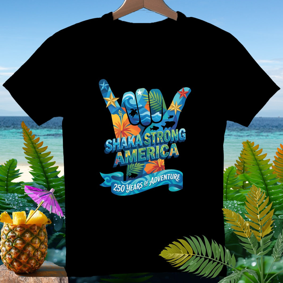 Black t-shirt with "Shaka Strong America 250 Years of Adventure" graphic.