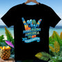 Black t-shirt with "Shaka Strong America 250 Years of Adventure" graphic.