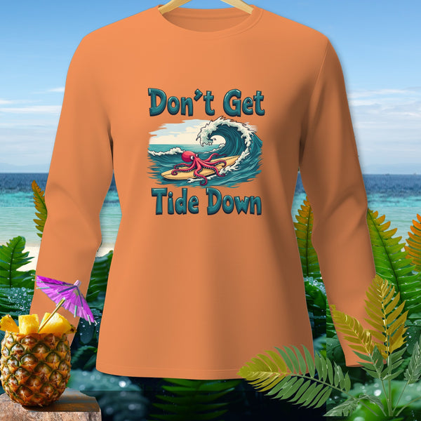 Orange long-sleeve shirt with "Don't Get Tide Down" and surfing octopus graphic.