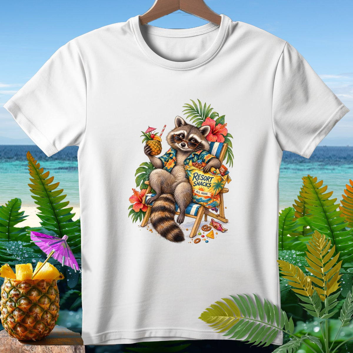 Raccoon in sunglasses on a beach chair holds a pineapple drink and a bag of "Resort Snacks".