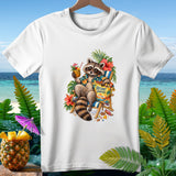 Raccoon in sunglasses on a beach chair holds a pineapple drink and a bag of 