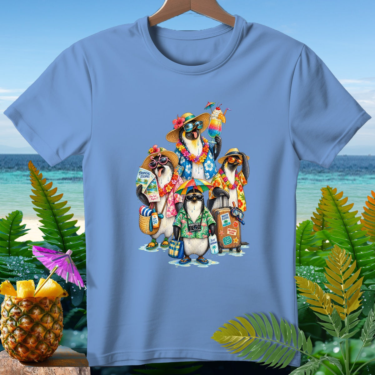 Four penguins in Hawaiian shirts and sunglasses on a beach vacation with luggage and drinks.
