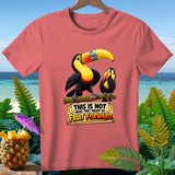 Two toucans on a branch with sign reading 