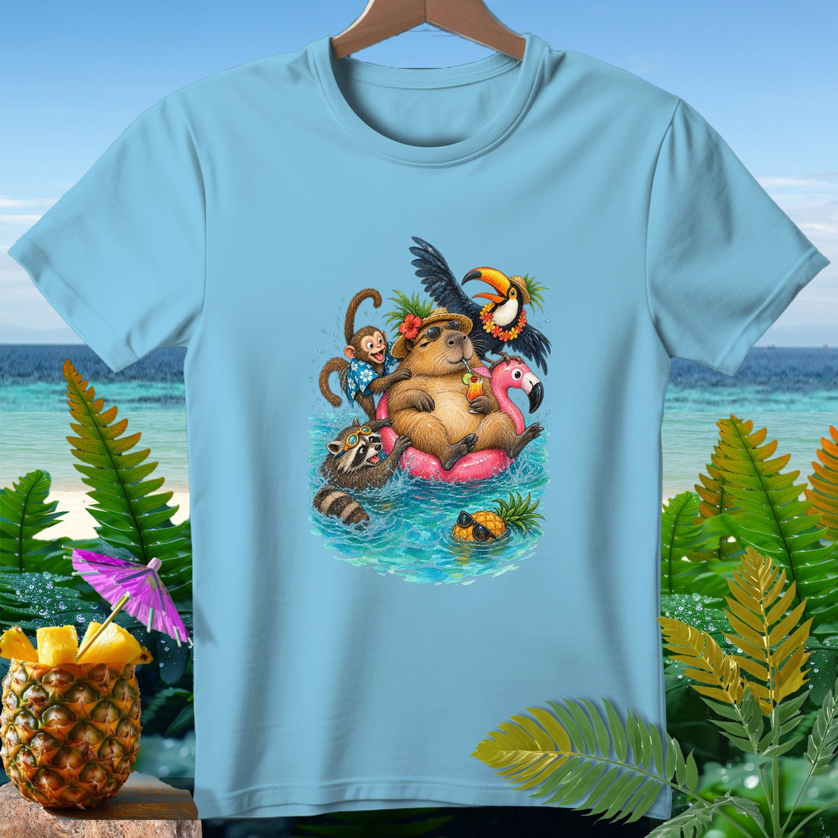 Light blue t-shirt with a cartoon of animals relaxing on a pink flamingo float in the ocean.