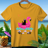 Black cat wearing witch hat on flamingo float with moon and stars.