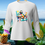 White long-sleeve shirt with a colorful sloth sitting in a chair holding a drink.