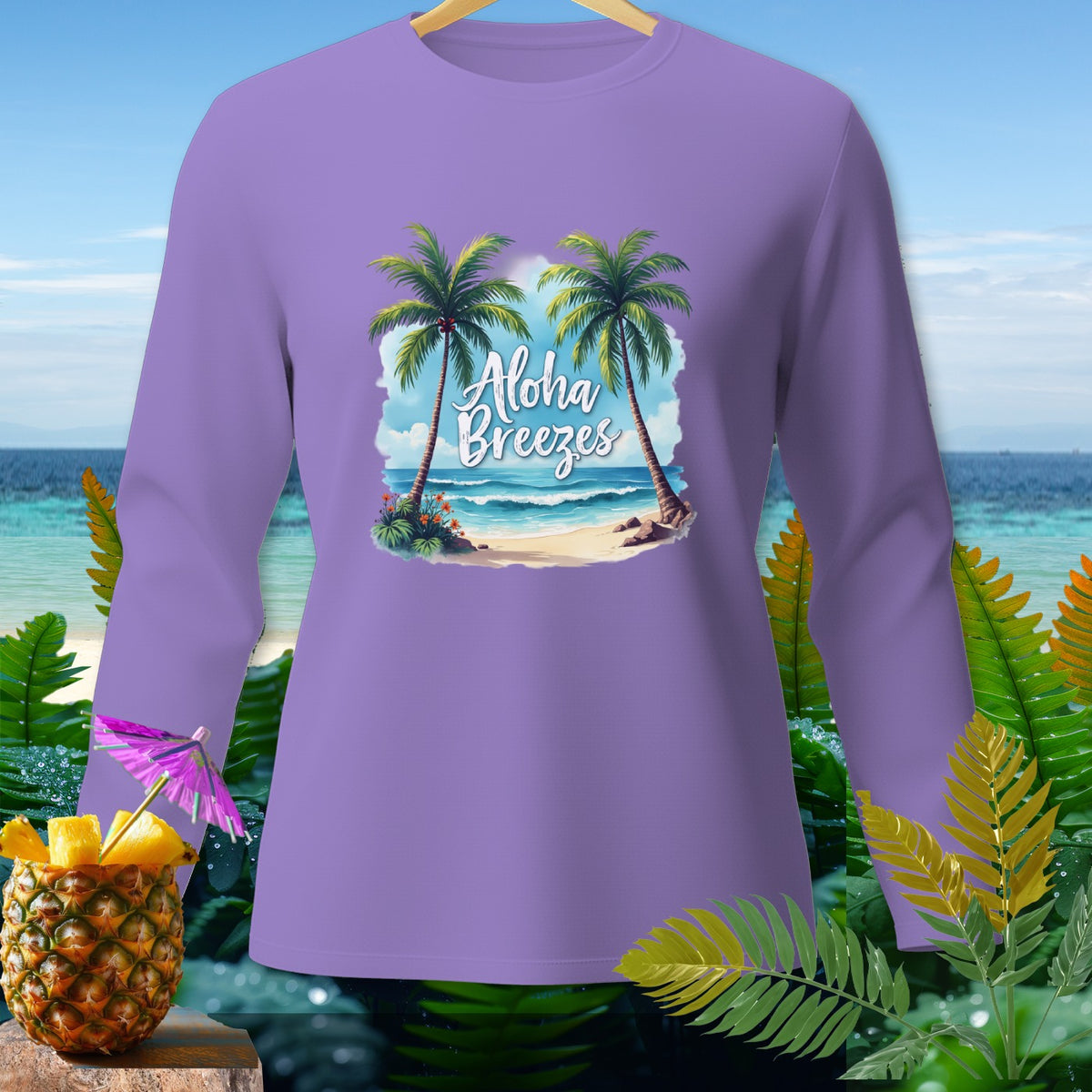 Purple long-sleeve shirt with "Aloha Breezes" beach graphic.