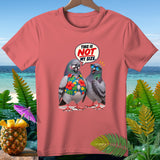 Two pigeons, one wearing a floral shirt, with text bubble saying 