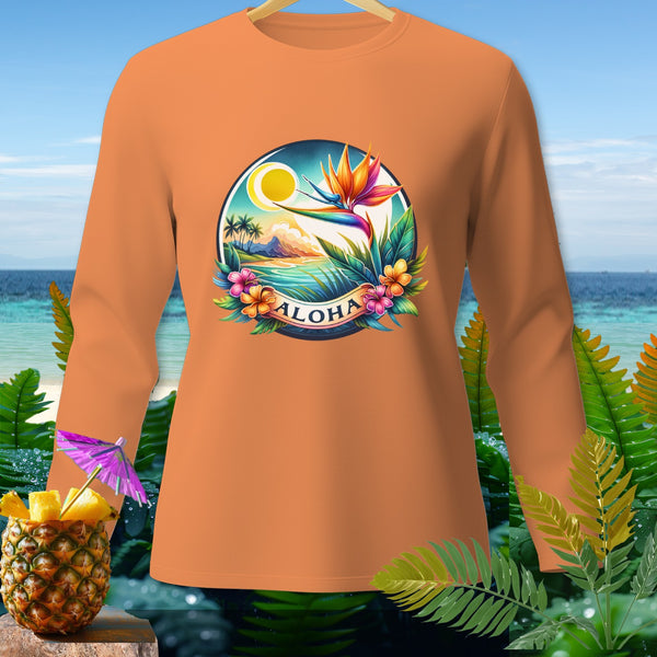 Orange long-sleeve shirt with a circular tropical scene and the word "Aloha."