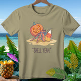Hermit crab with pumpkin shell and candy corn says 