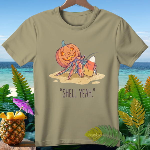 Hermit crab with pumpkin shell and candy corn says "SHELL YEAH."