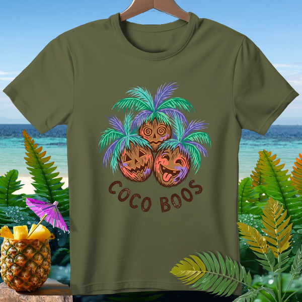 Olive green t-shirt with three carved coconuts and palm leaves, text reads "COCO BOOS".