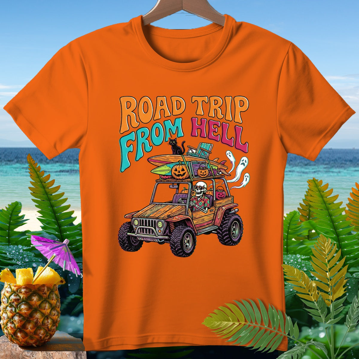 Orange t-shirt with "Road Trip From Hell" text and skeleton in a Jeep with Halloween decorations.