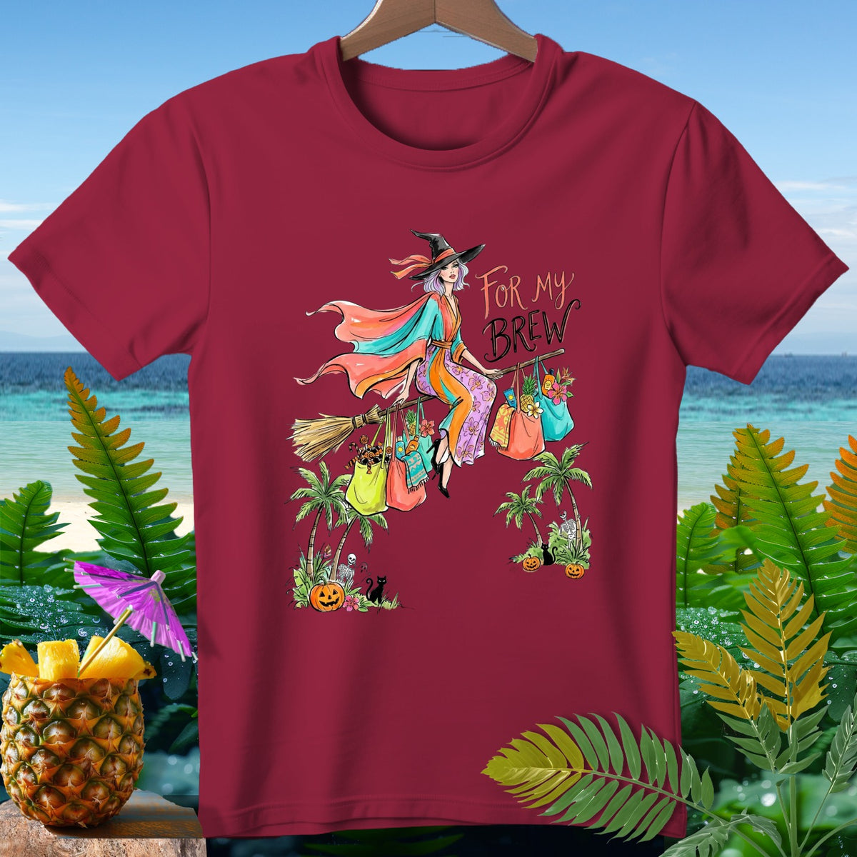 T-shirt graphic of a witch flying on a broom with shopping bags and "For My Brew" text.