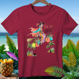 T-shirt graphic of a witch flying on a broom with shopping bags and 
