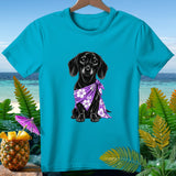 Turquoise t-shirt with black dachshund wearing a purple floral bandana.