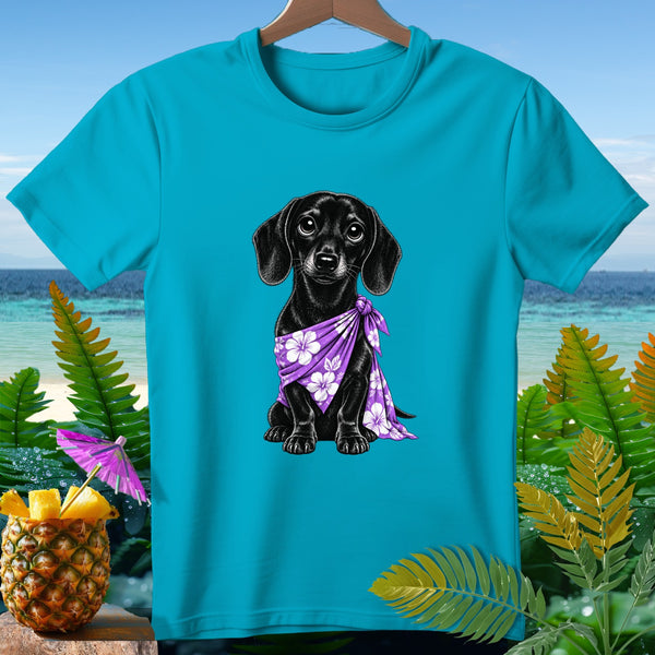 Turquoise t-shirt with black dachshund wearing a purple floral bandana.