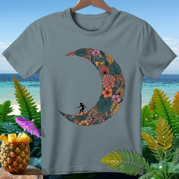 Gray t-shirt with a crescent moon design of tropical foliage and a surfer.