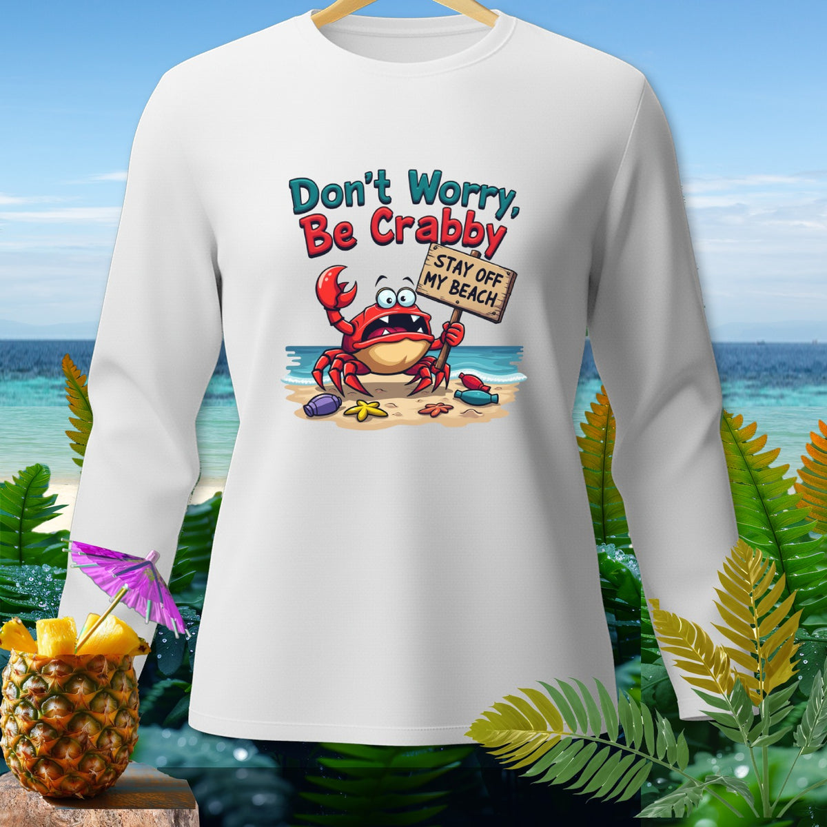 White long-sleeve shirt with a crab holding a "Stay Off My Beach" sign.