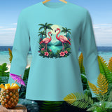 Aqua long sleeve shirt with a tropical flamingo and palm tree graphic.