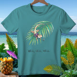 Teal t-shirt with a gecko on a palm frond, text 